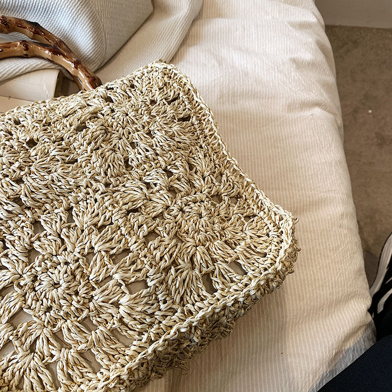 Thumbnail: Square Hollow-Out Bamboo-Handle Straw Bag