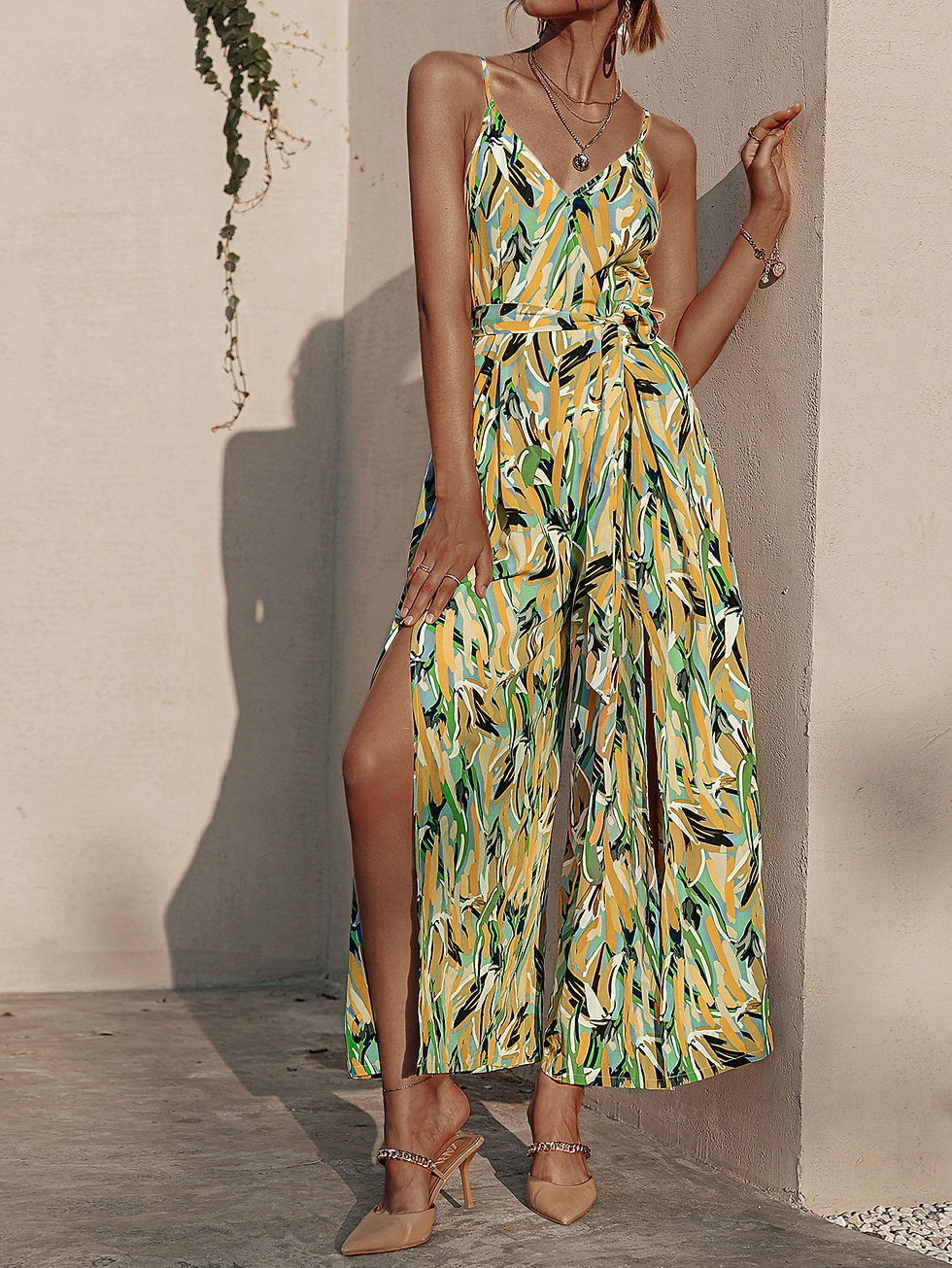 Thumbnail: Yellow Printed Sling Long Dress