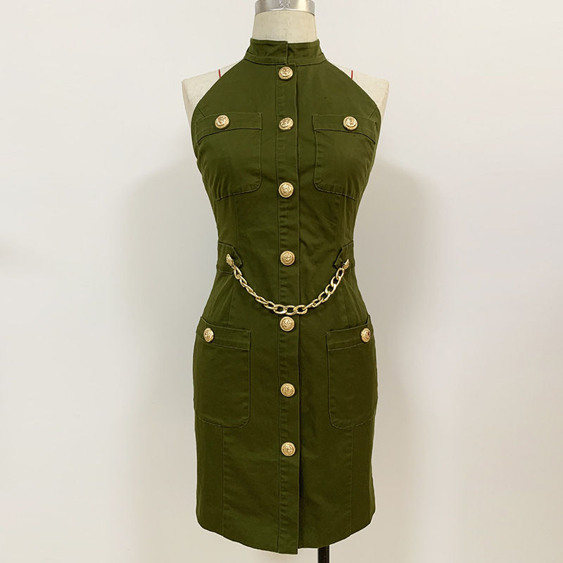 Thumbnail: Green Cotton Backless Halter Chain Dress