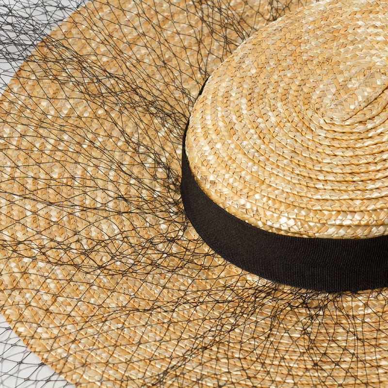 Thumbnail: Flat Top Wide Brim Mesh Straw Hat