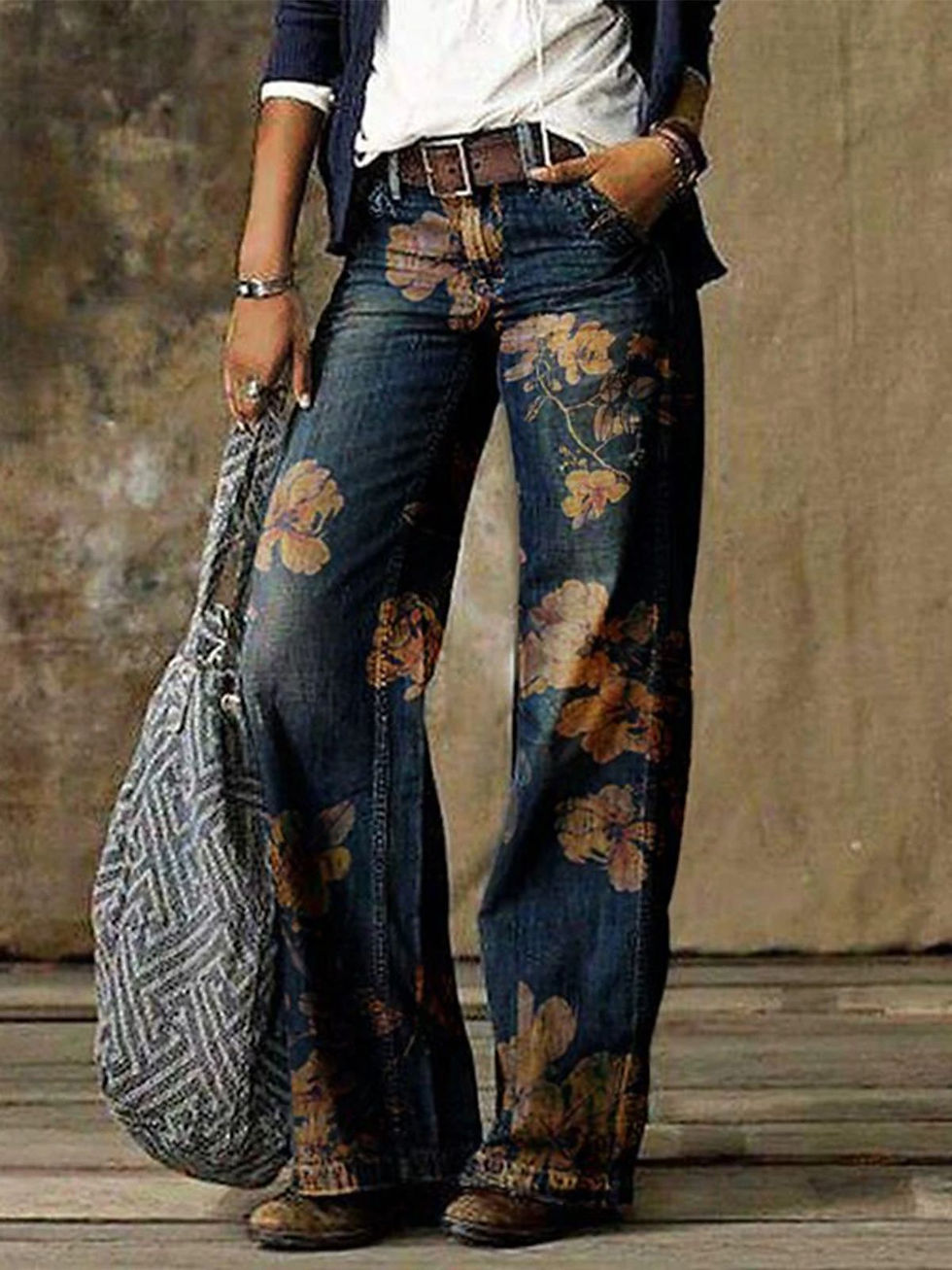Flower Print Straight-Leg Denims