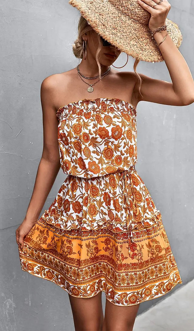 Bohemian Floral Print Strapless Dress - Effortless Style for Your Spring Adventures