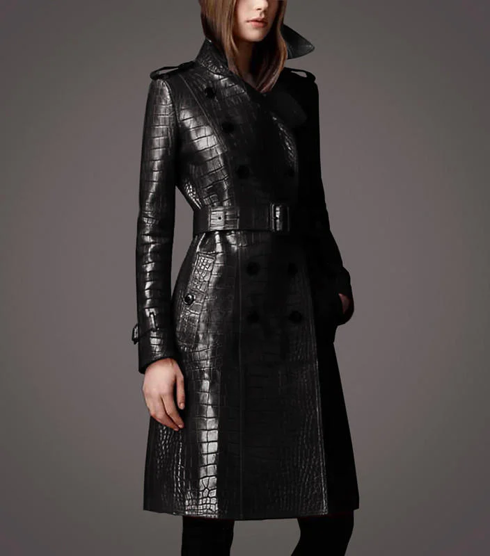 Crocodile Vegan Leather Long Slim Raincoat - Elevate rainy days with chic style. Stay dry and fashionable in this trendy vegan leather essential
