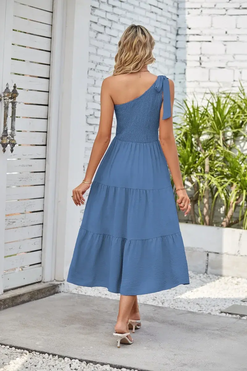 Thumbnail: One-Shoulder Pleated Layered Hem Split Dress