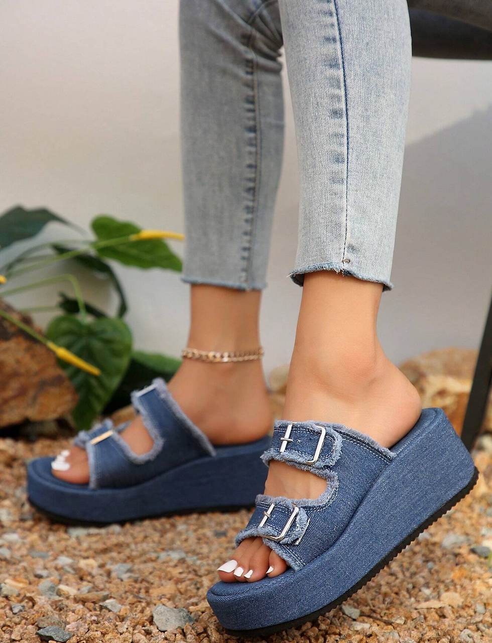 Thumbnail: The Denim Dynamic – Fashion Denim Buckle Wedge Platform Sandals