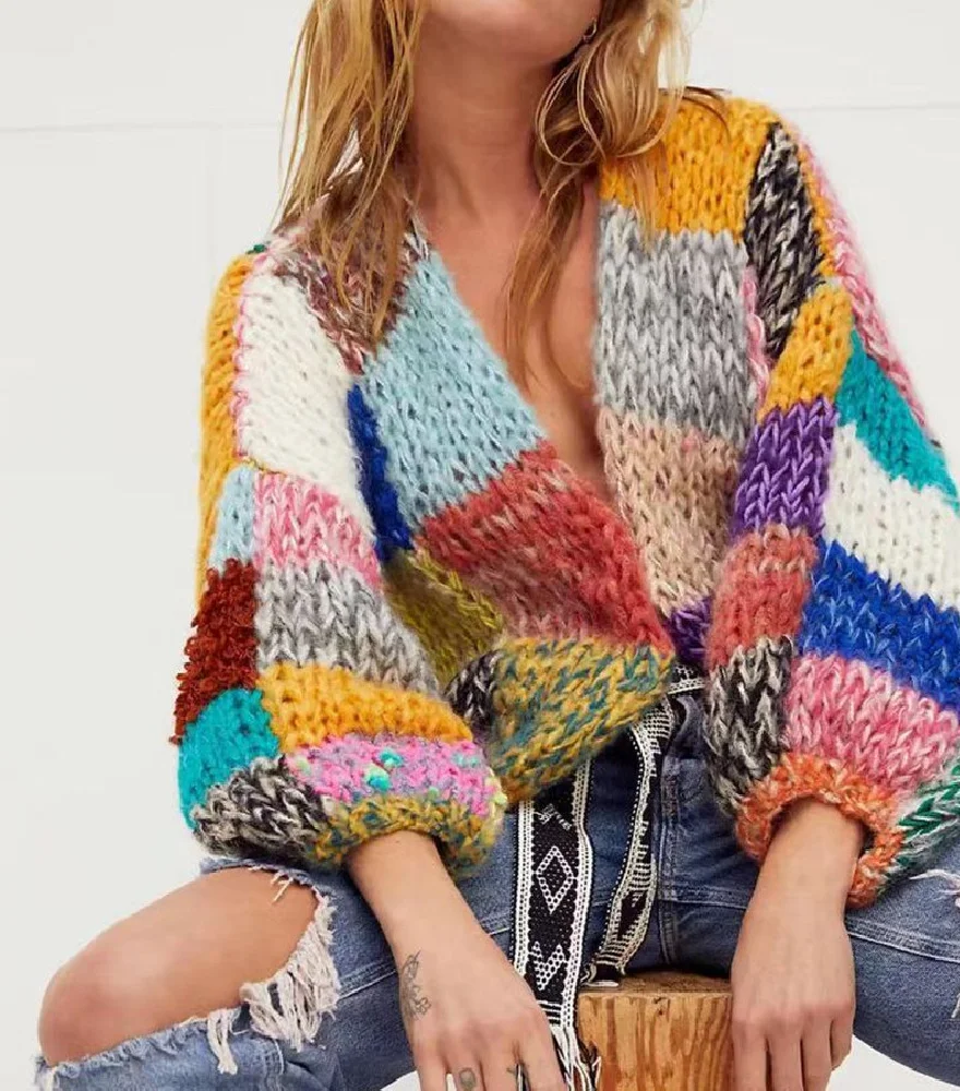 Rainbow Plaid Handmade Wool Cardigan – Stay Cozy with Colorful Fashion Warmth