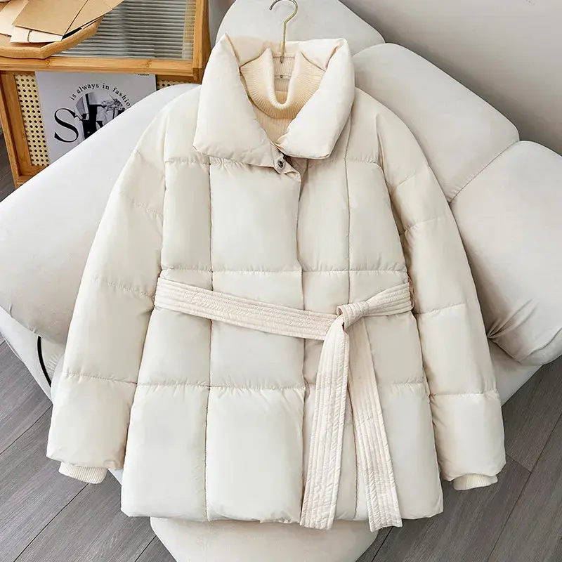 Thumbnail: L’Éclat d’Hiver – Tie-Waist Stand Collar Short Parka