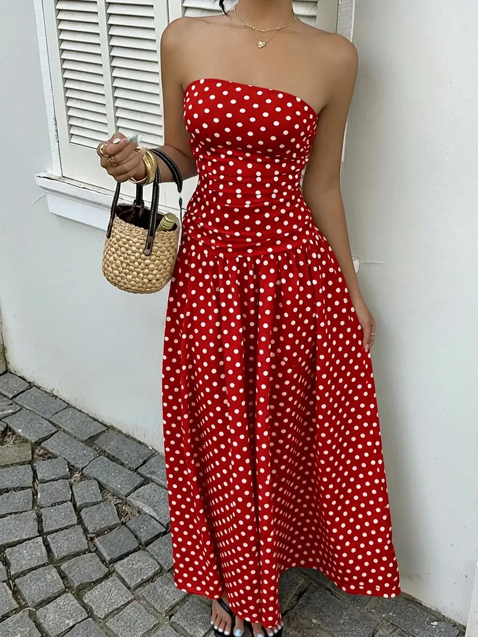 Thumbnail: Polka Dot Ruffle Hem Strapless Maxi Dress