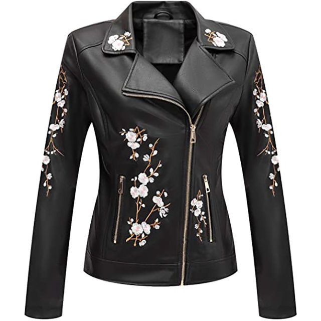Floral Embroidered Moto Leather Jacket