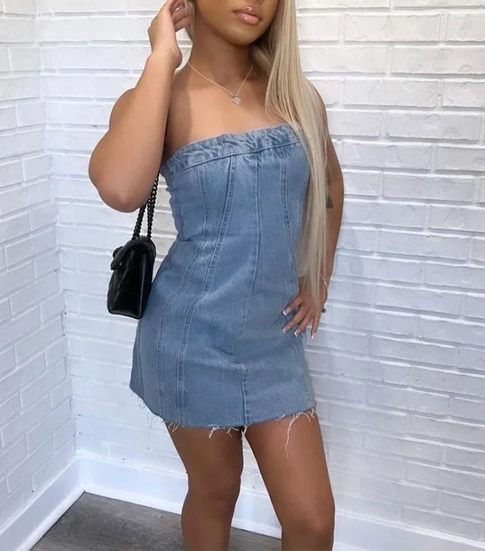 Backless tube denim dress featuring a sleek, strapless design for a chic, modern look perfect for stylish fall outings.
