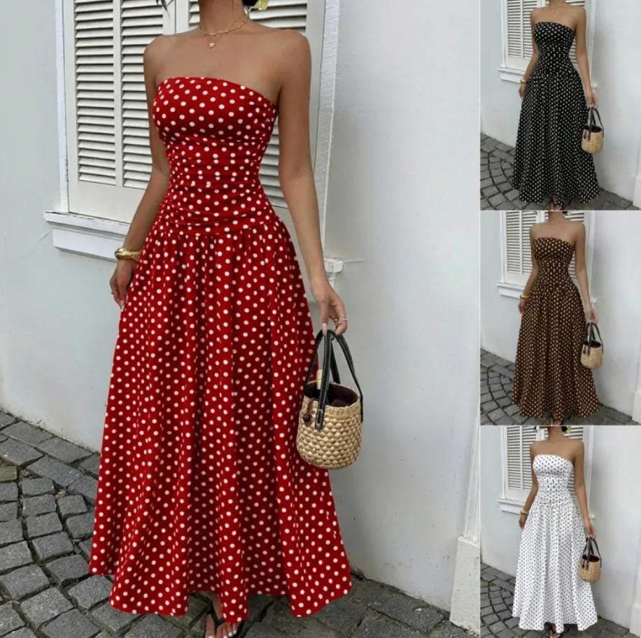 Thumbnail: Polka Dot Ruffle Hem Strapless Maxi Dress