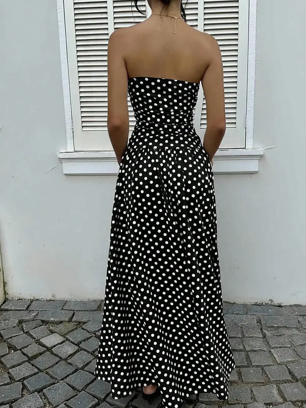 Thumbnail: Polka Dot Ruffle Hem Strapless Maxi Dress
