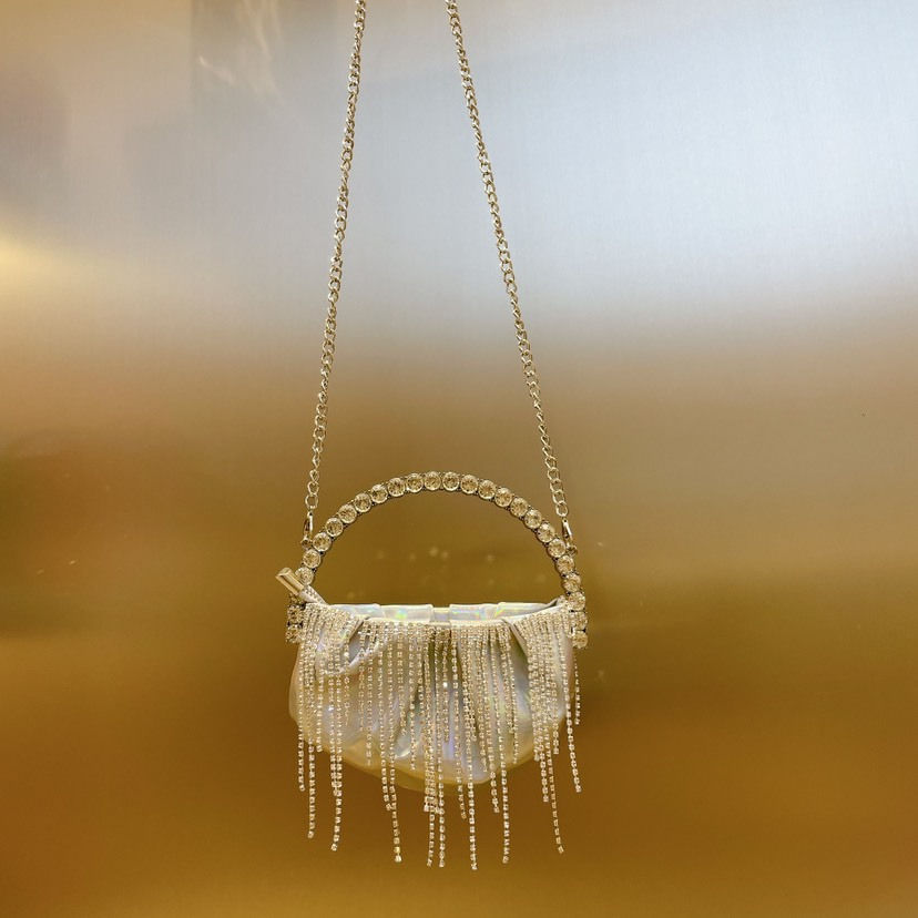 Thumbnail: Rhinestone Tassel Pleated Mini Shoulder Bag
