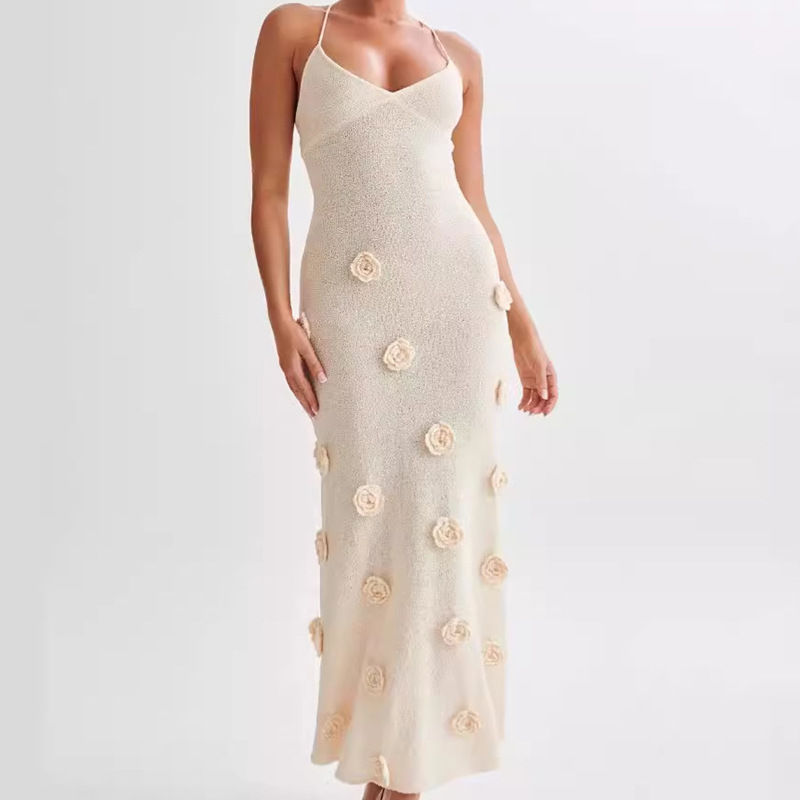 Thumbnail: Elegant Floral Knitted Backless Maxi Dress – The Boho Breeze Beach Maxi