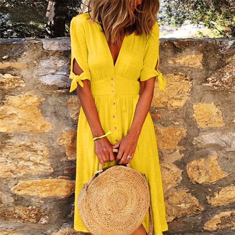 Thumbnail: Casual Short Sleeve V-Neck Button Plus Size Linen Dress