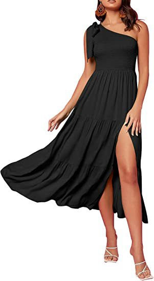 Thumbnail: One-Shoulder Pleated Layered Hem Split Dress