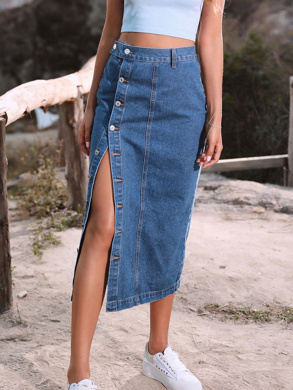 Thumbnail: Button Irregular Slit Skirt High Waist Long Denim Skirt