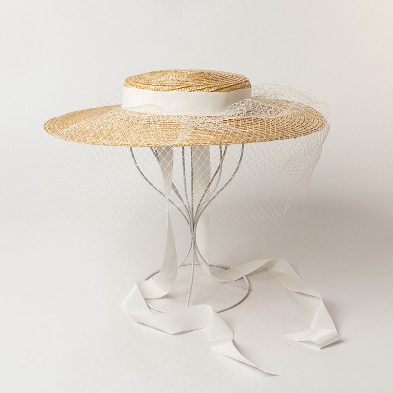 Thumbnail: Flat Top Wide Brim Mesh Straw Hat