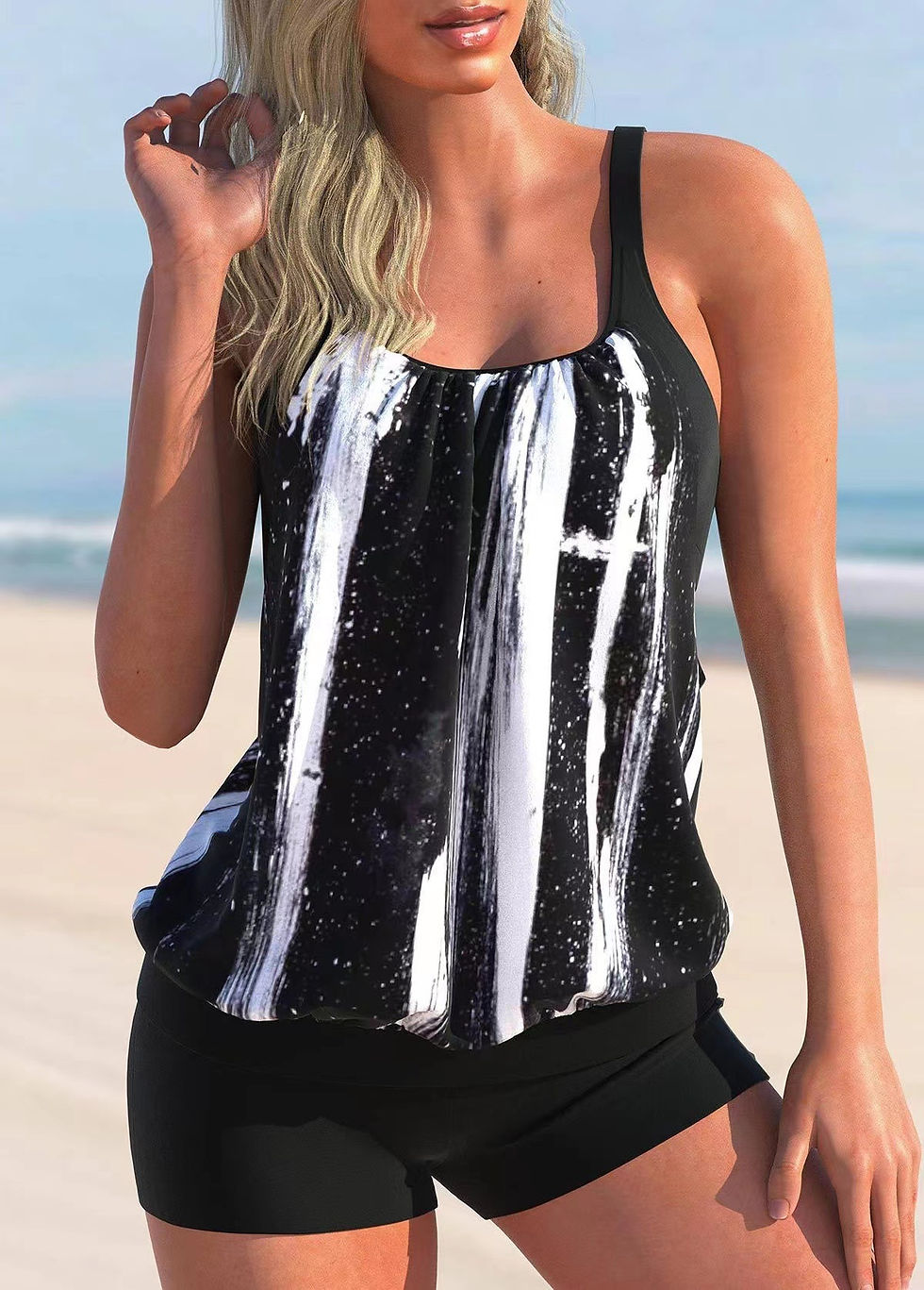 Thumbnail: The Retro Refiner: Printed Conservative Boxer Backless Swimsuit Set