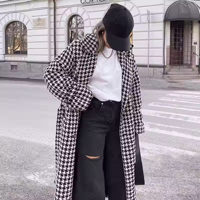 Thumbnail: Le Prestige Classique – Timeless Houndstooth Maxi Coat