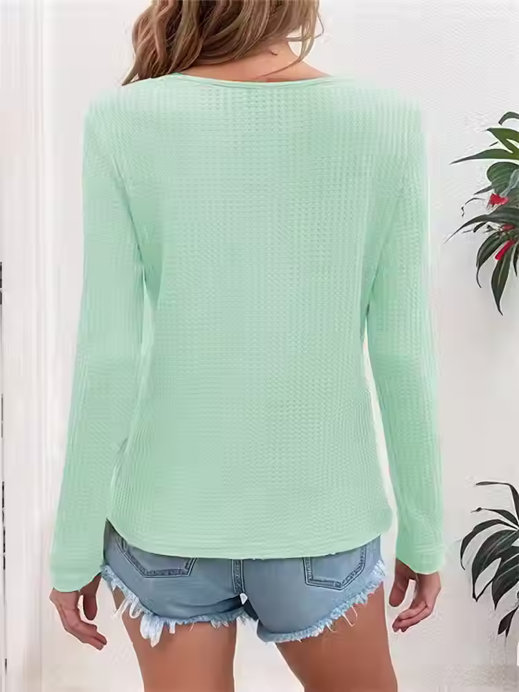 Thumbnail: Waffle V-Neck Buttons Long Sleeve Blouse