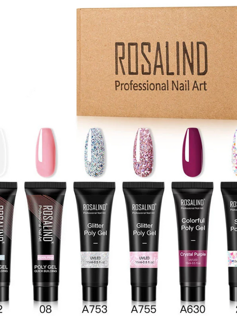 Set of six multi-color nail and poly gel products for vibrant and creative nail art.