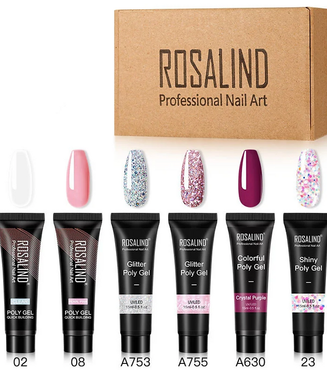 Set of six multi-color nail and poly gel products for vibrant and creative nail art.