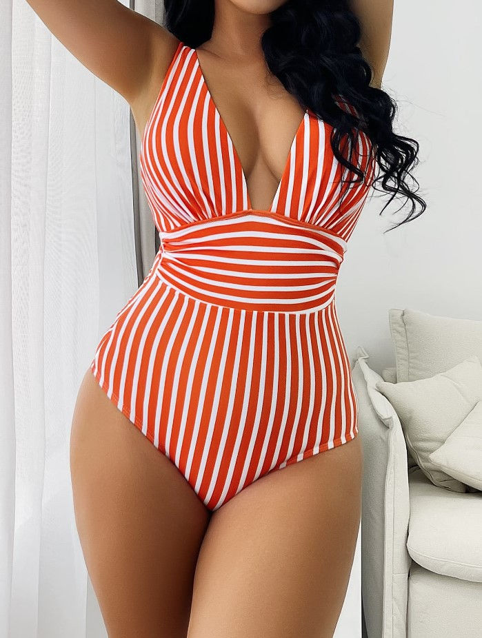 Thumbnail: The Linear Luxe: Trendy Striped One-piece Swimsuit
