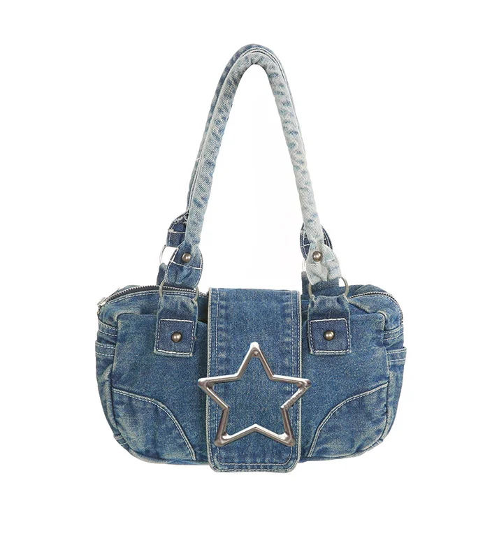 Vintage Denim Handbag with Retro Star Detailing