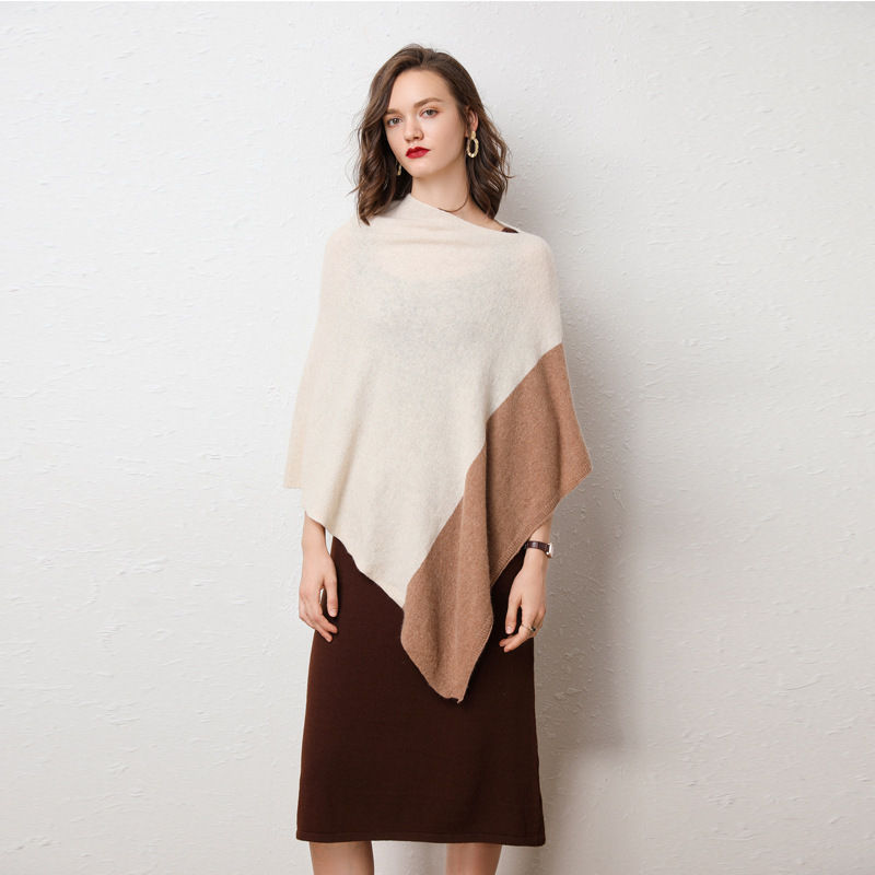 Contrasting Knit Cashmere Cloak Shawl