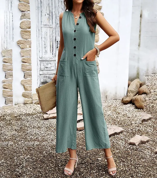 Elevate your summer style with this breathable Cotton and Linen Summer Jumpsuit, perfect for warm-weather outings