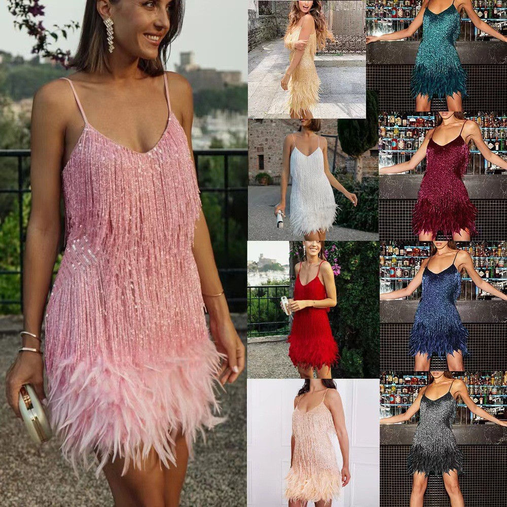 V-neck Strap Feather Dress