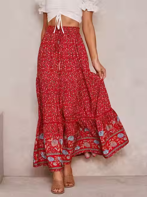Boho, Print Hollow Retro Long Skirt