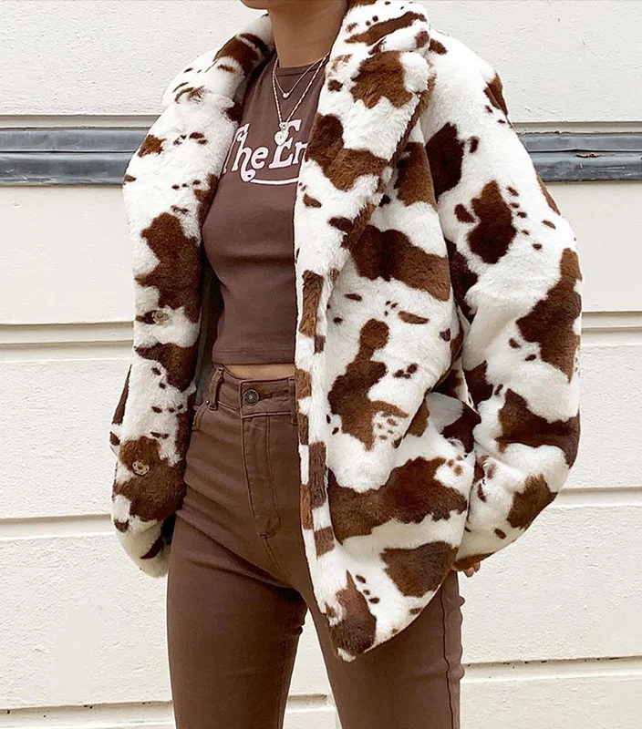 Cow Pattern Rabbit Fur Loose Jacket - Embrace a trendy winter look with this chic and cozy loose-fit jacket. Stay warm in style!