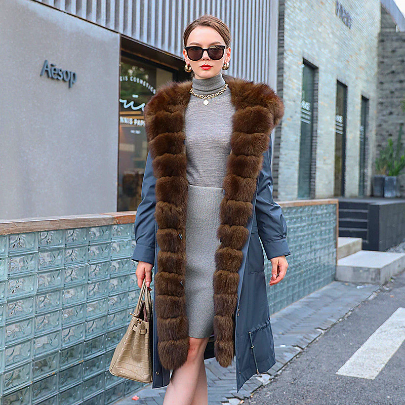 Close-up of the detachable Rex Rabbit Fur collar, highlighting its luxurious texture.