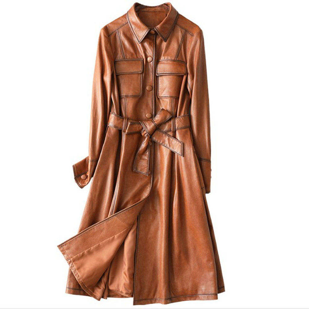 Slim Fit Sheepskin Leather Belted Coat