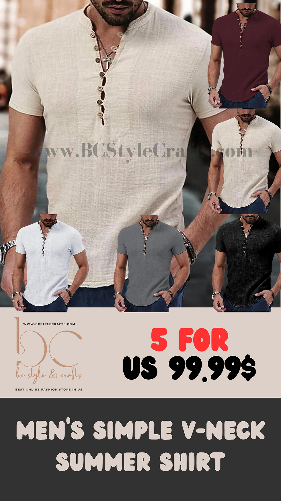 Thumbnail: Men's V-Neck Cotton Linen Summer Shirt