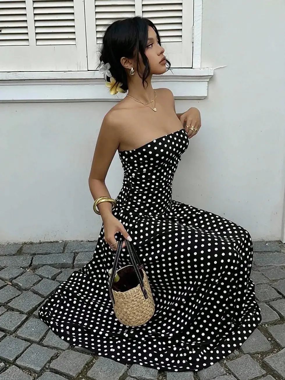 Thumbnail: Polka Dot Ruffle Hem Strapless Maxi Dress