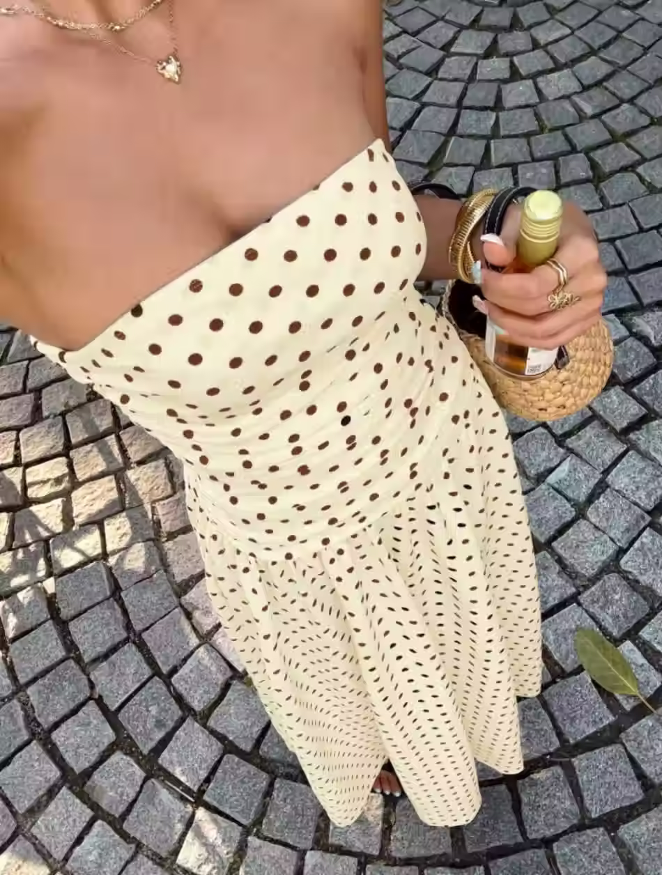 Thumbnail: Polka Dot Ruffle Hem Strapless Maxi Dress