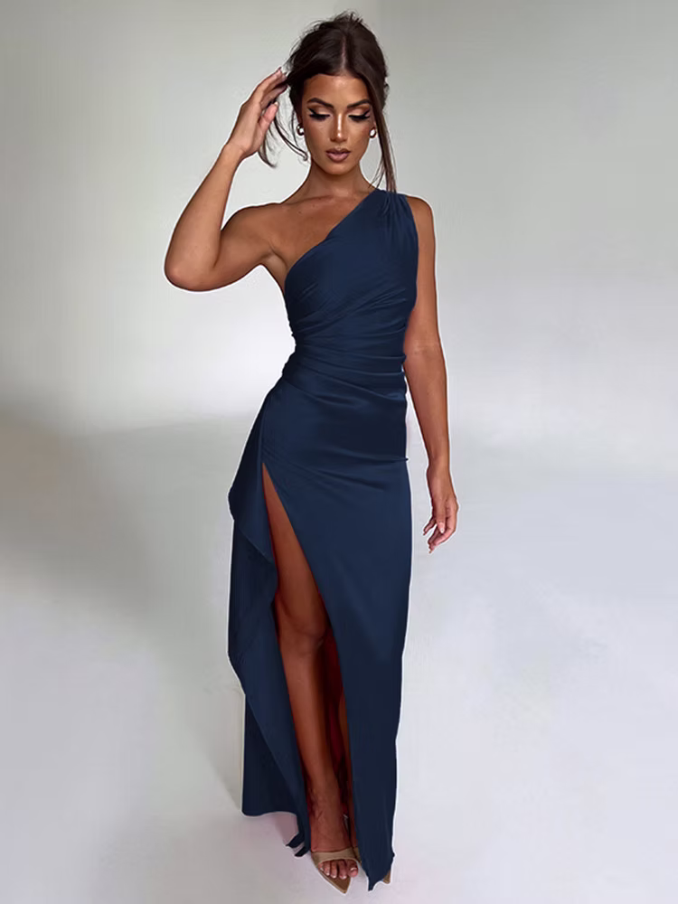 One-Shoulder Pleated Split Satin Dress