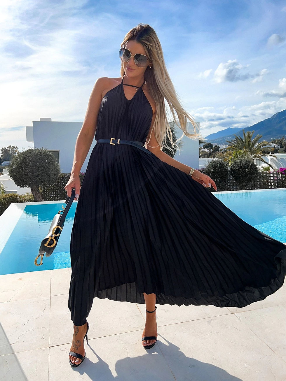 Thumbnail: Pleated Suspender Maxi Dress with Belt