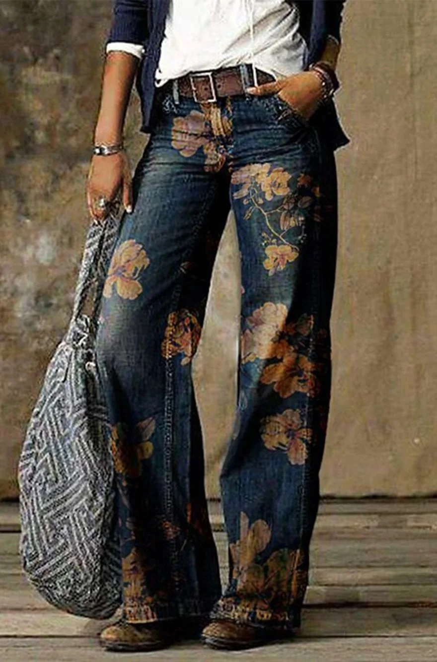 Blossom in Style: Flower Print Straight-Leg Denims – Elevate Your Casual Look with These Chic and Playful Jeans