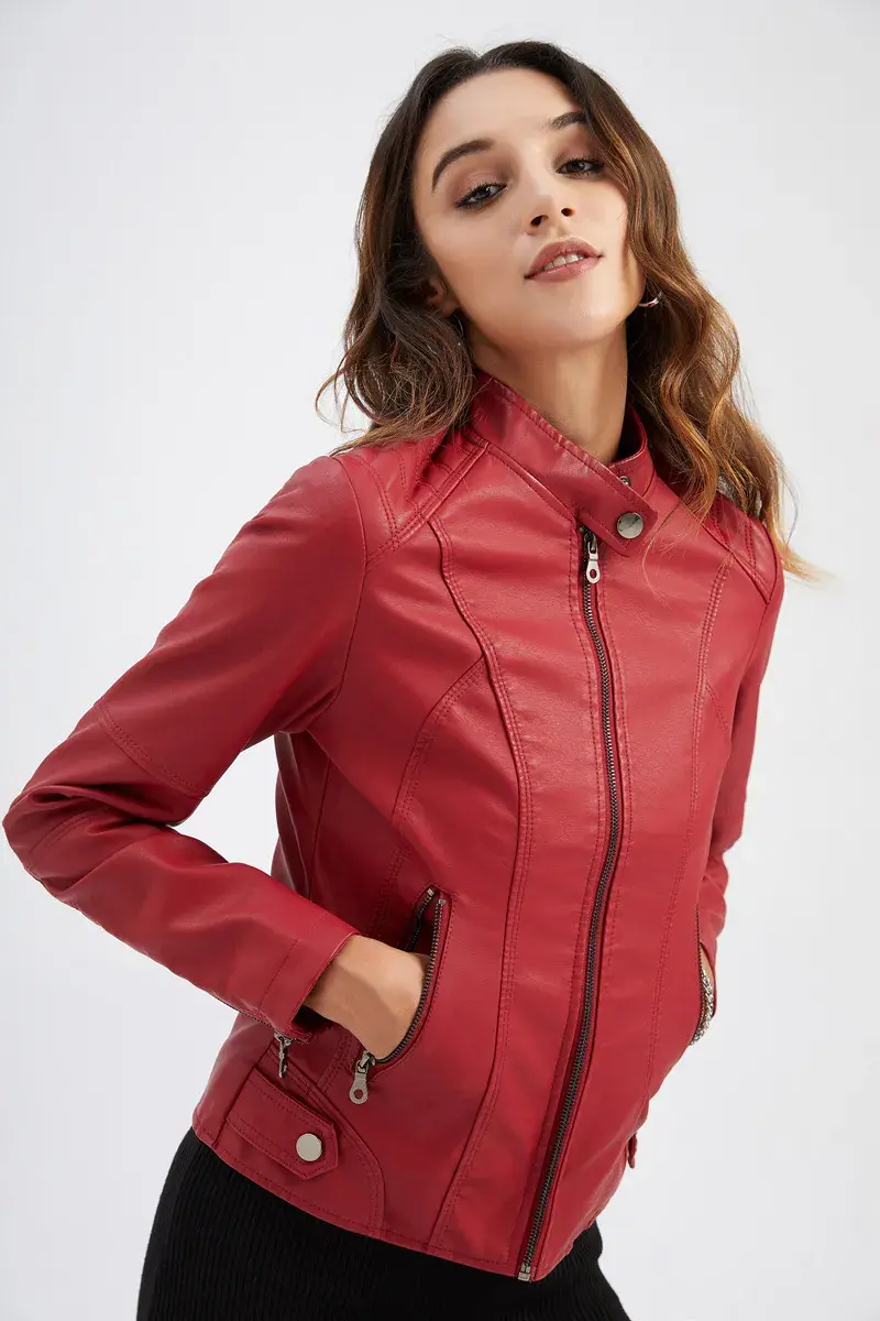 Thumbnail: Leather Stand-Up Collar Jacket