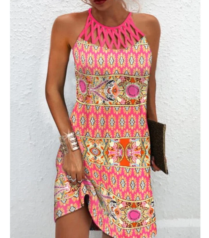 Women's summer dress - Featuring a flattering halter neck design, a trendy and vibrant print, perfect for a touch of summer chic.