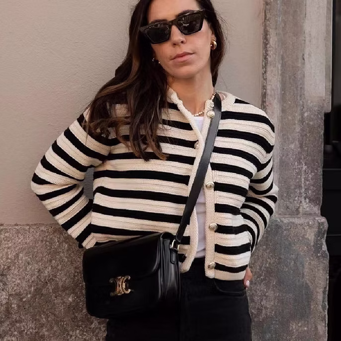 Chic Buckle Striped Classic Style Knitted Cardigan Short Coat
