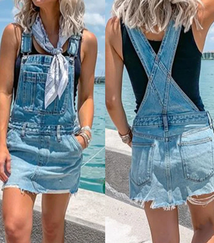 Double the Denim Fun: Denim A-Line High Waist Skirt Overalls combine a classic denim skirt with playful overall details. Featuring a flattering A-line silhouette and a high waist for a cinched look, these overalls offer a cute and trendy take on summer denim.