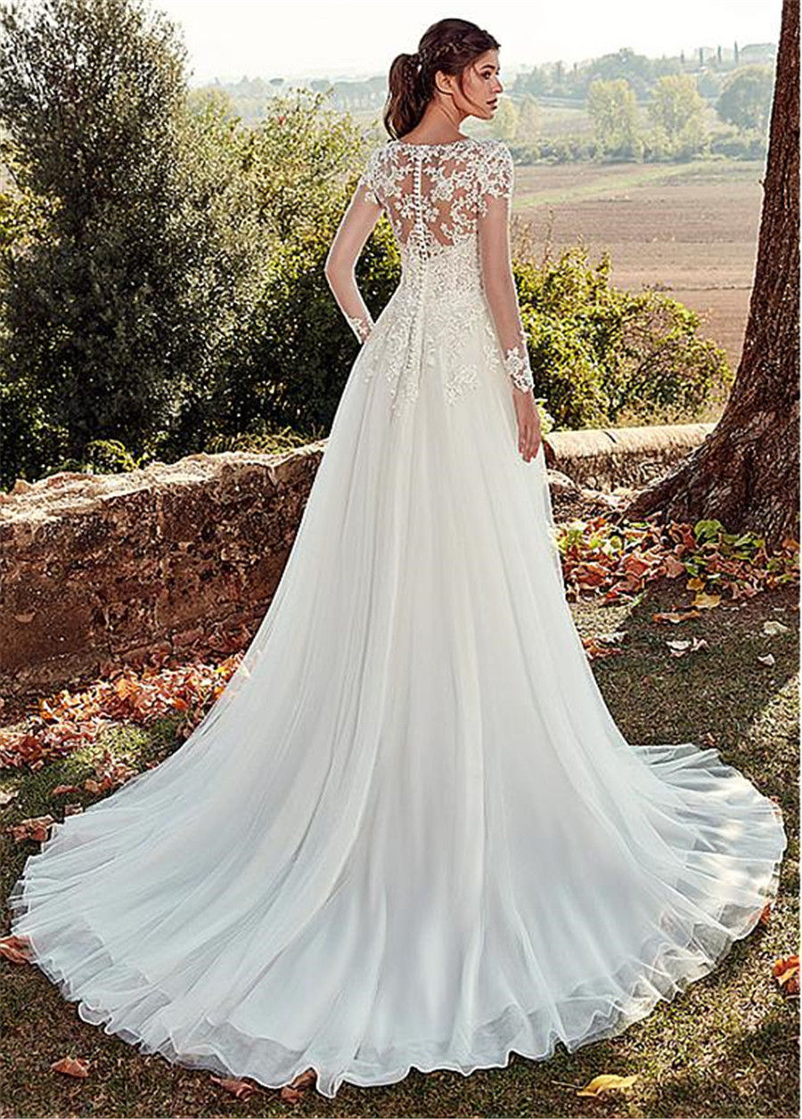 Thumbnail: U-Neck Lace Long Sleeve A-Line Wedding Dress