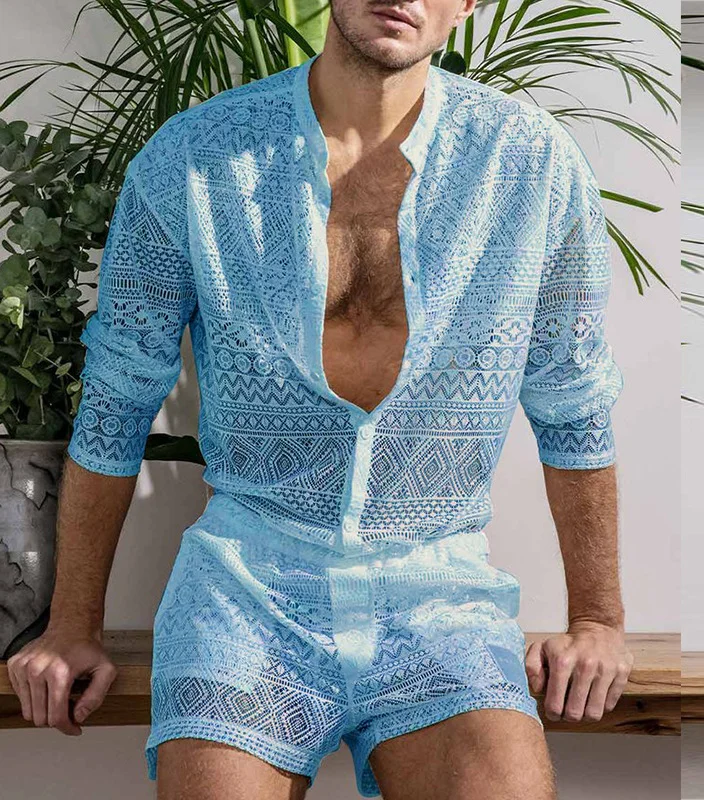 Long Sleeve Shirt and Shorts Summer Suit - Stay cool and stylish with this matching set, perfect for summer outings and casual events