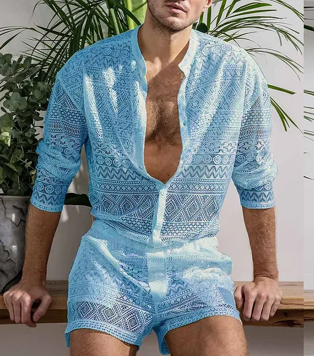 Long Sleeve Shirt and Shorts Summer Suit - Stay cool and stylish with this matching set, perfect for summer outings and casual events