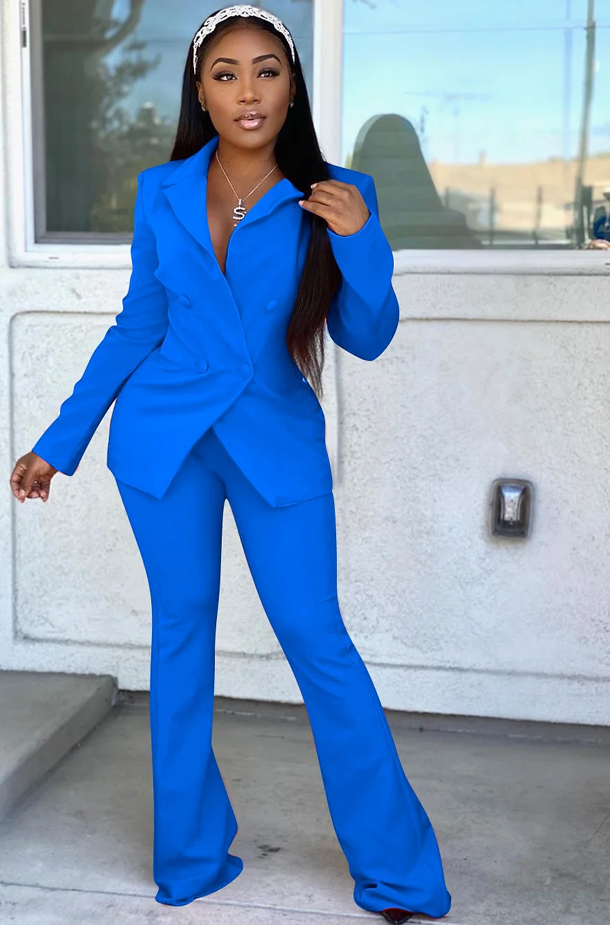 V Neck Double Breasted Blazer and Pants Office Suit - Elegant V-Neck Blazer with Double-Breasted Closure, Paired with Matching Pants for a Professional Office Look